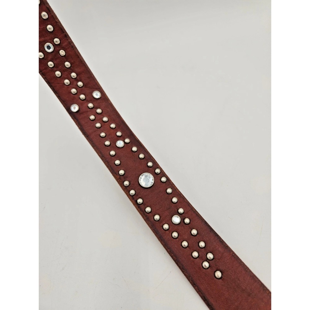American Eagle Brown 100% Leather Belt Western Hippy Studded Womens M Rhinestone - Picture 3 of 16